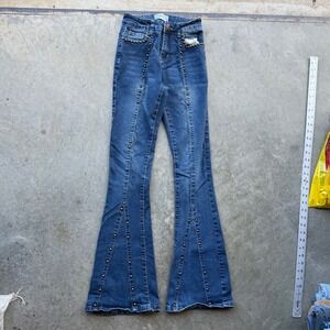 Bamboo Jeans Womens Size 3 Studded Flare Bell Bottom Blue Denim High Waist